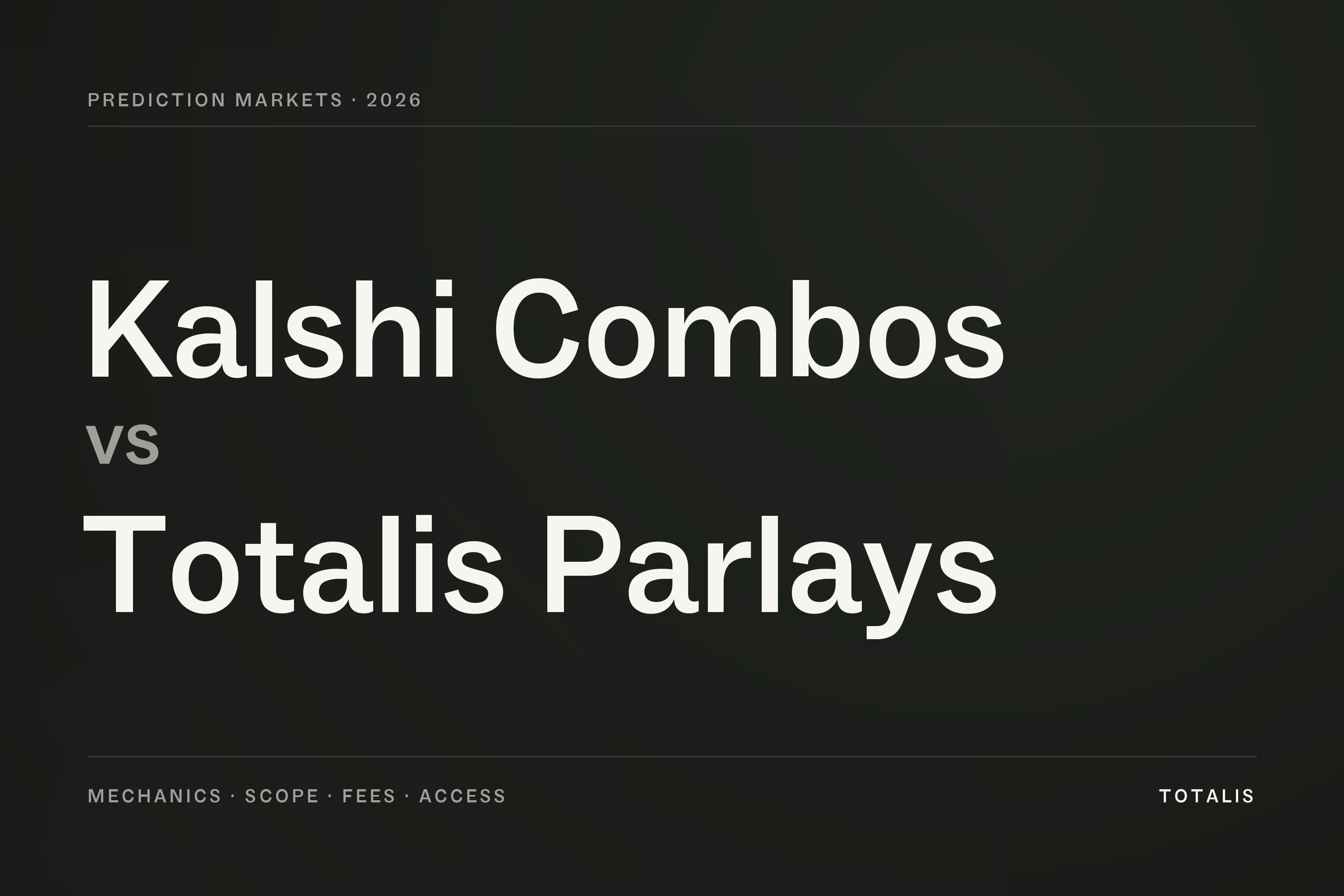 Kalshi Combos vs Totalis Parlays, a 2026 comparison of mechanics, scope, fees and access