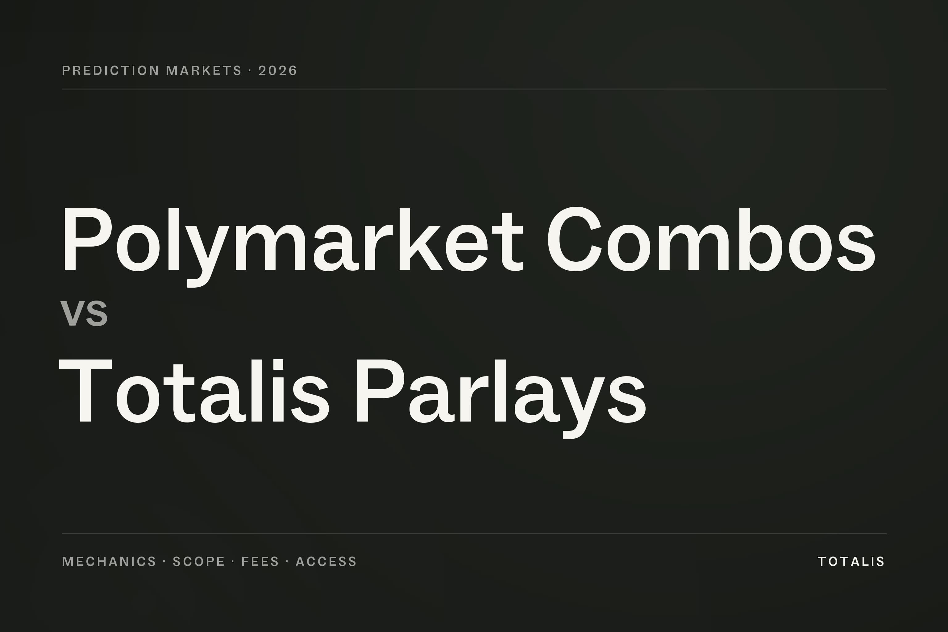 Polymarket Combos vs Totalis Parlays, a 2026 comparison of mechanics, scope, fees and access