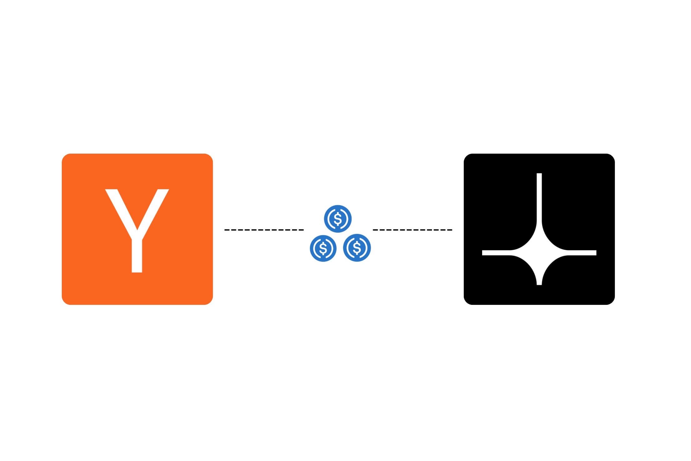 Y Combinator logo connected to the Totalis logo by USDC coins
